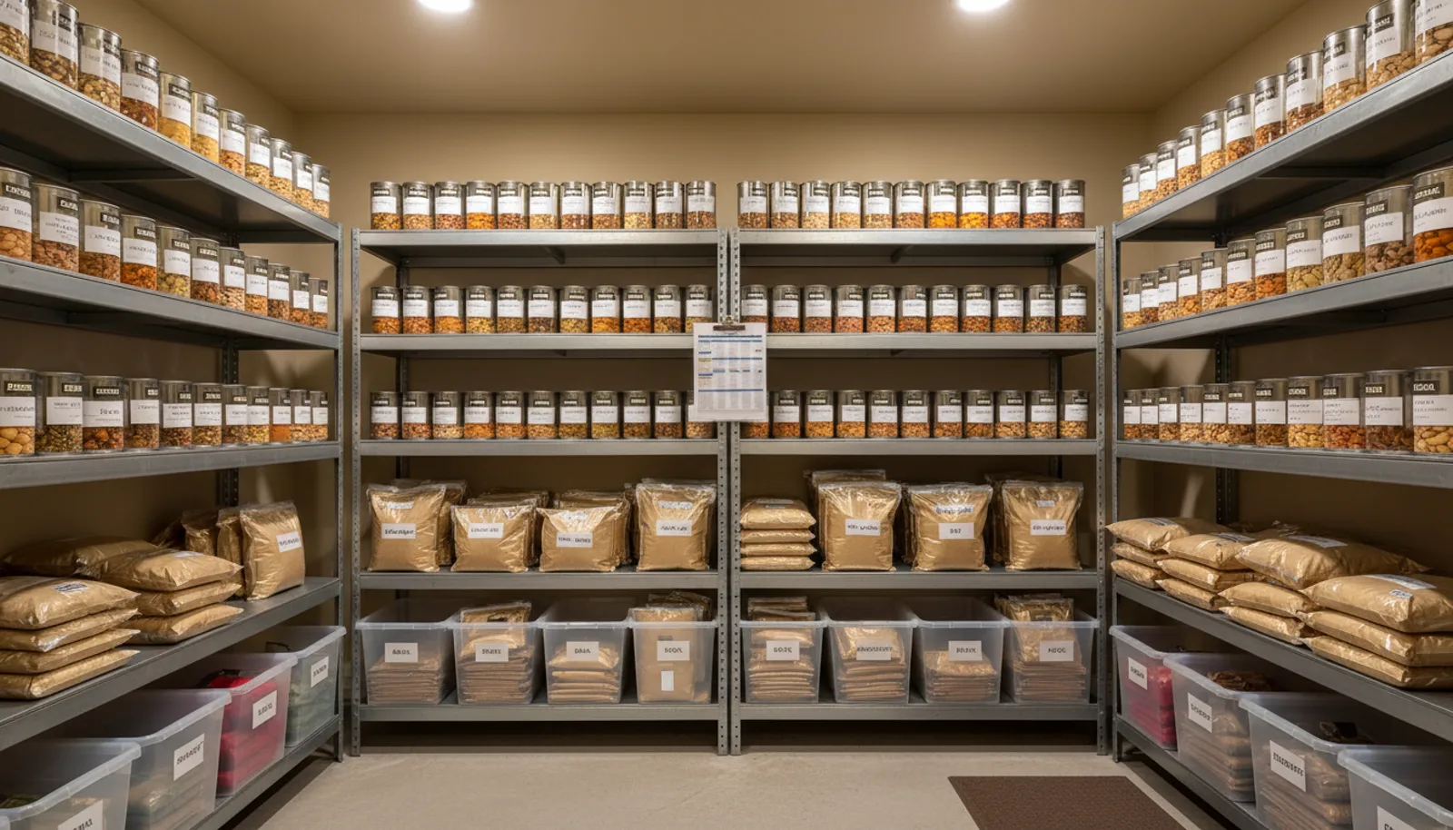 Organized Utah home food storage room with labeled cans, FIFO rotation system, and categorized emergency supplies