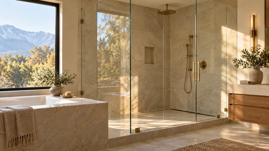Stone bathroom with a clear glass shower