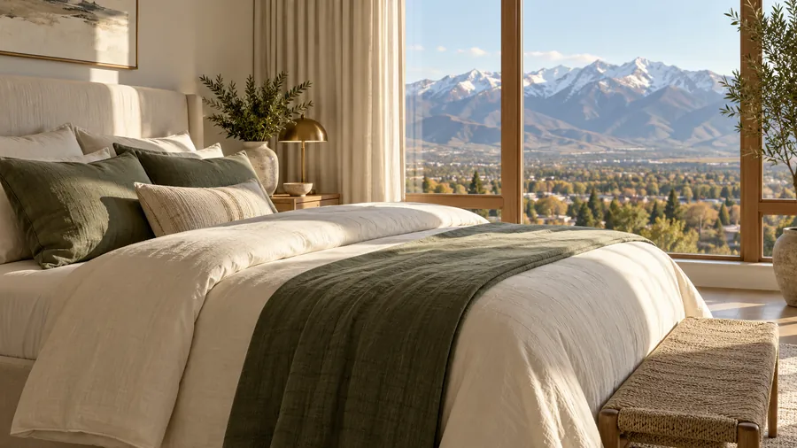 Made bed in cream and sage linens