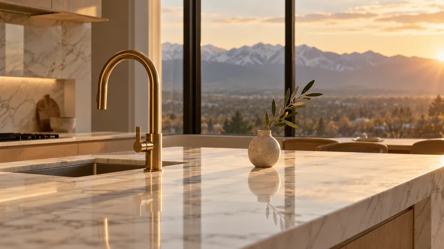 Marble kitchen island at golden hour