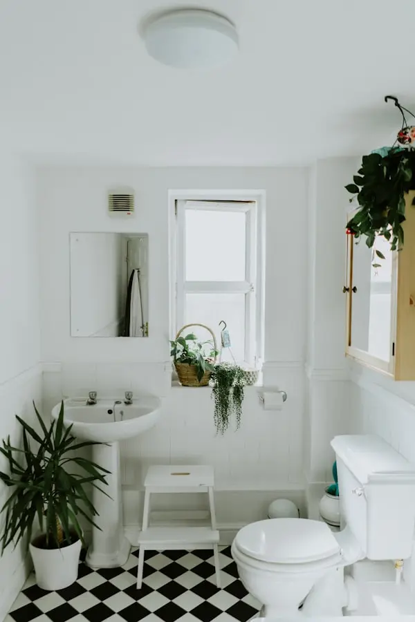Tidy bathroom with checkerboard tile