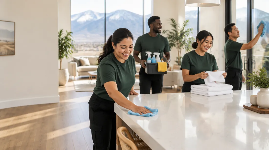 Cleaners in green crew shirts finishing a kitchen together