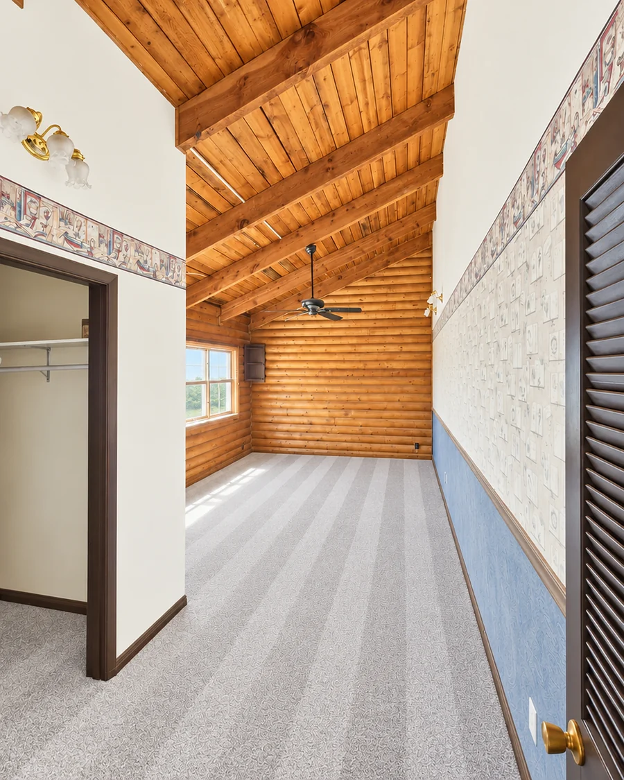 New carpet with crisp, even vacuum lines in a vaulted room