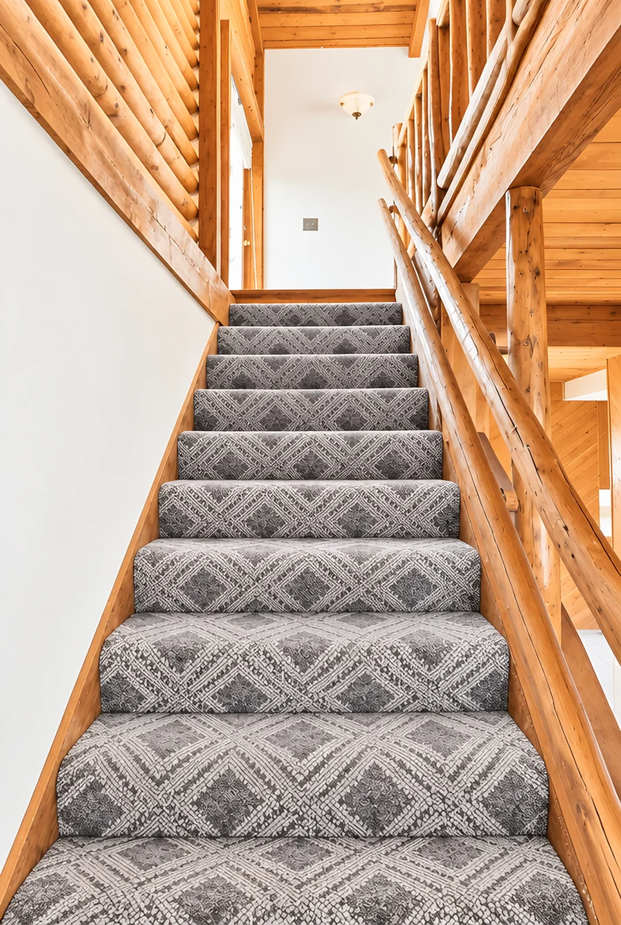 A newly carpeted staircase, vacuumed clean